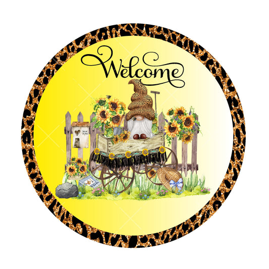 Welcome leopard gnome wreath sign, metal wreath sign, signs for wreaths, round wreath sign