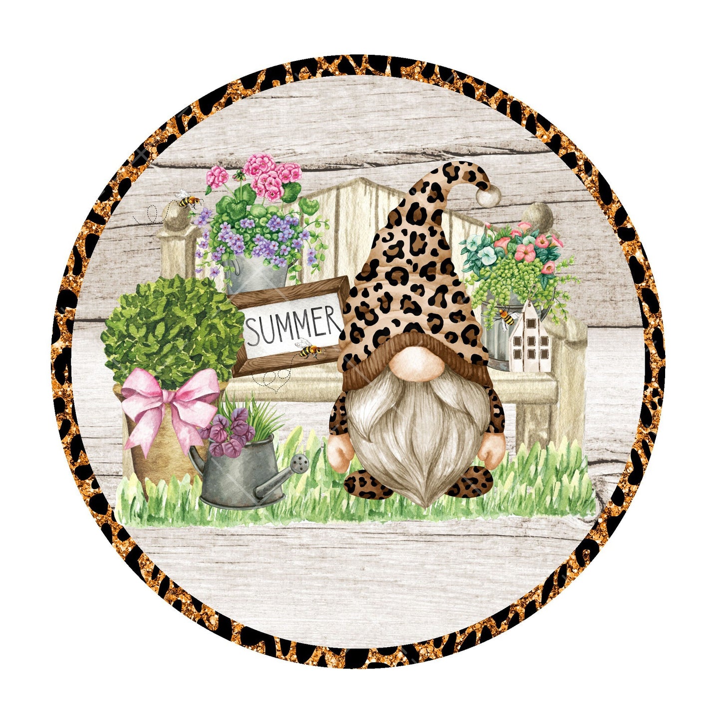 Summer leopard gnome wreath sign, signs for wreaths, metal wreath sign, home decor sign