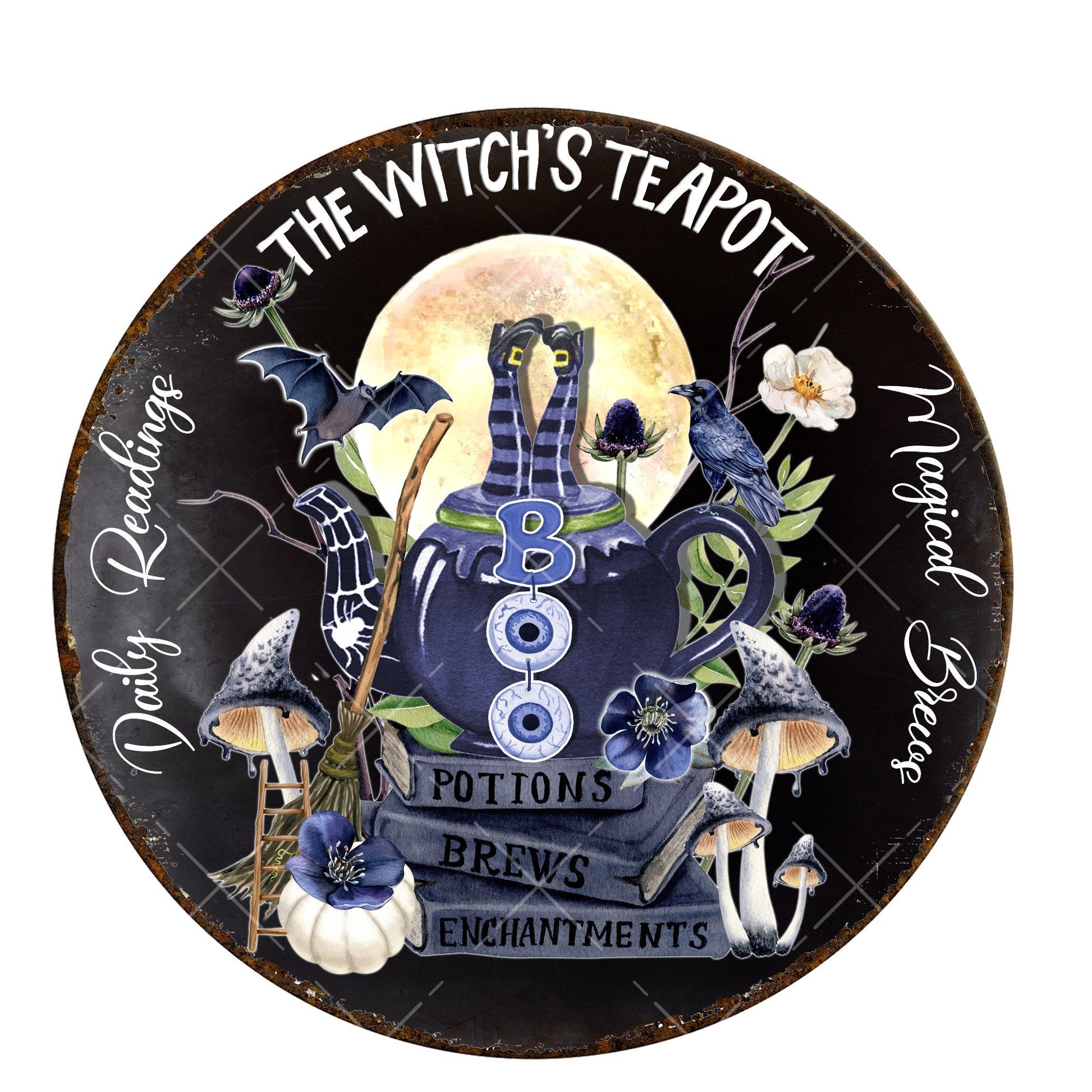 Witchs teapot wreath sign, metal wreath sign, signs for wreaths, Halloween home decor sign