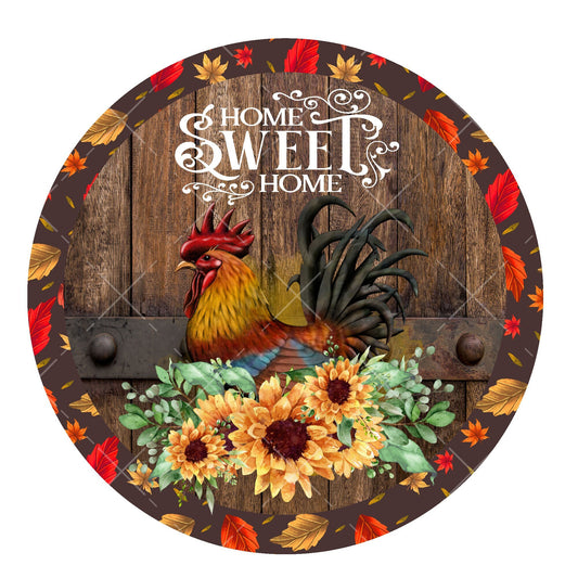 Home sweet home sunflower & rooster wreath sign, metal wreath sign, signs for wreaths, home decor sign