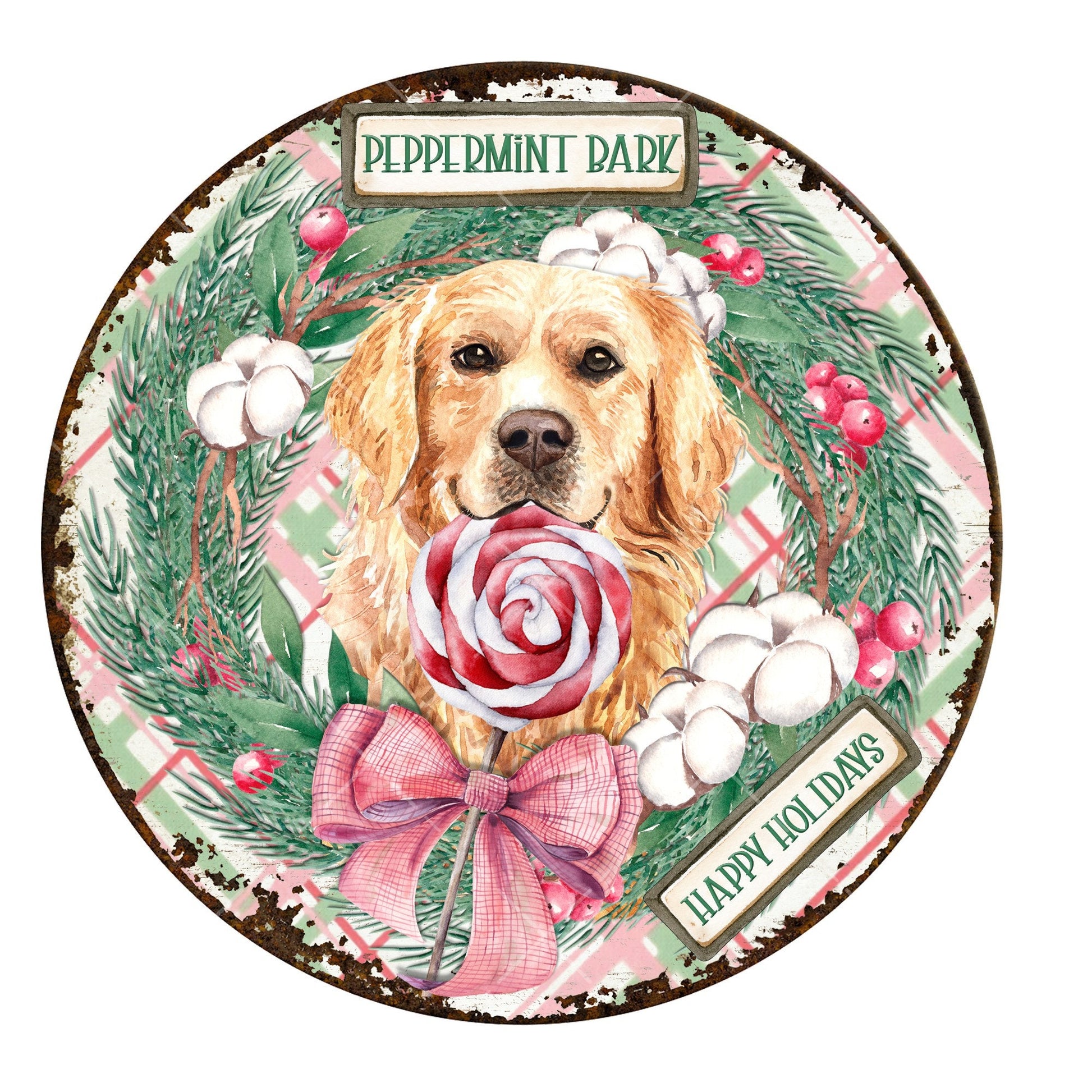 Peppermint bark doggie wreath sign, metal wreath sign, signs for wreaths, holiday door decor, Lindys sign creations