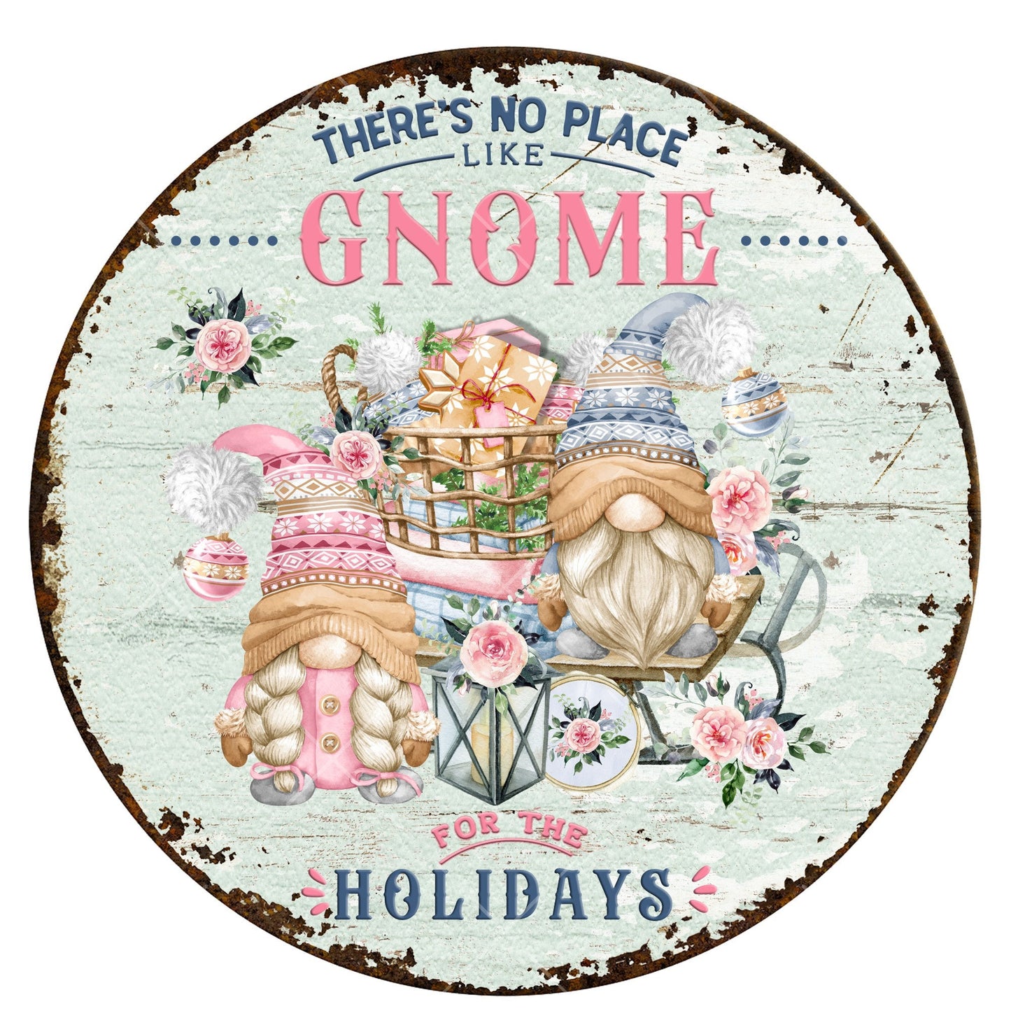 Pink and blue gnome for the holidays wreath sign, metal wreath sign, signs for wreaths, door hanging, lindys sign creations