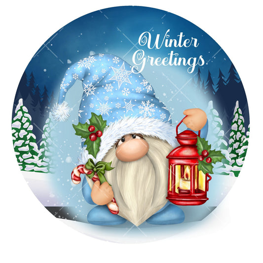 Blue gnome winter greetings wreath sign, metal wreath sign, signs for wreaths, door hanging, lindys sign creations