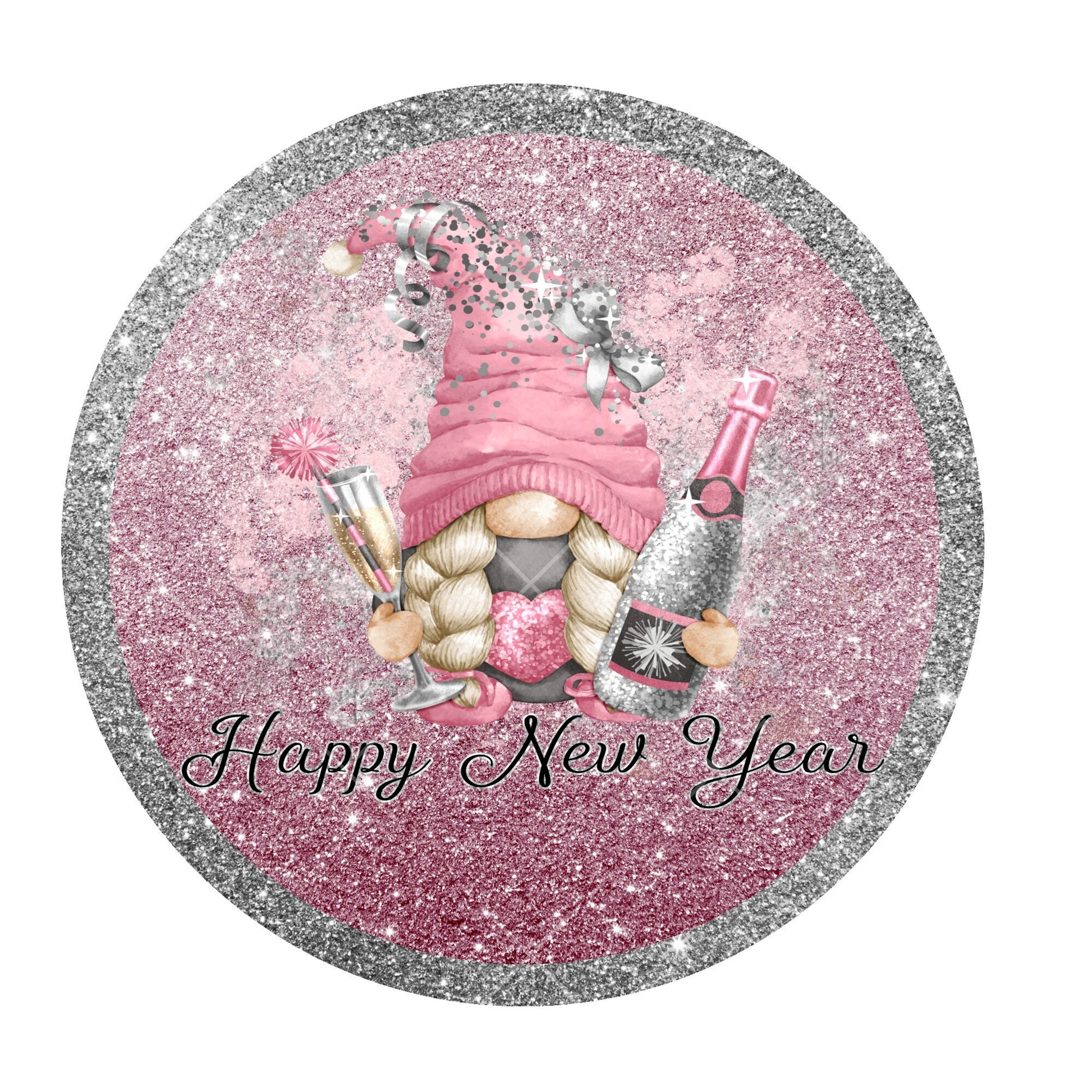 Pink gnome happy new year wreath sign, metal wreath sign, signs for wreaths, door hanging, lindys sign creations