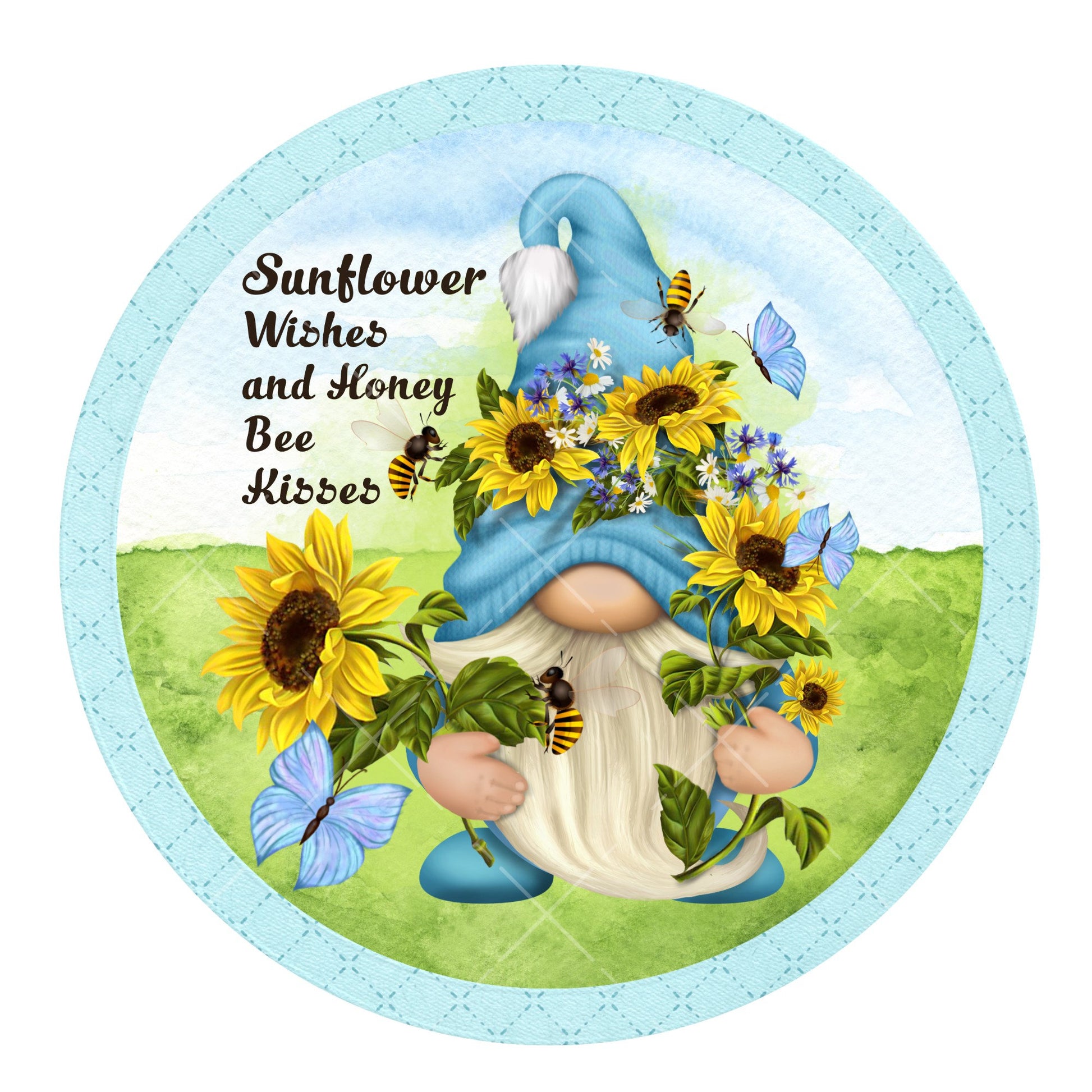 Sunflower wishes and honey bee kisses wreath sign, metal wreath sign, door hanging, gnome sign, lindys sign creations