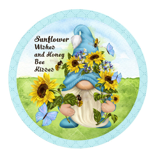 Sunflower wishes and honey bee kisses wreath sign, metal wreath sign, door hanging, gnome sign, lindys sign creations