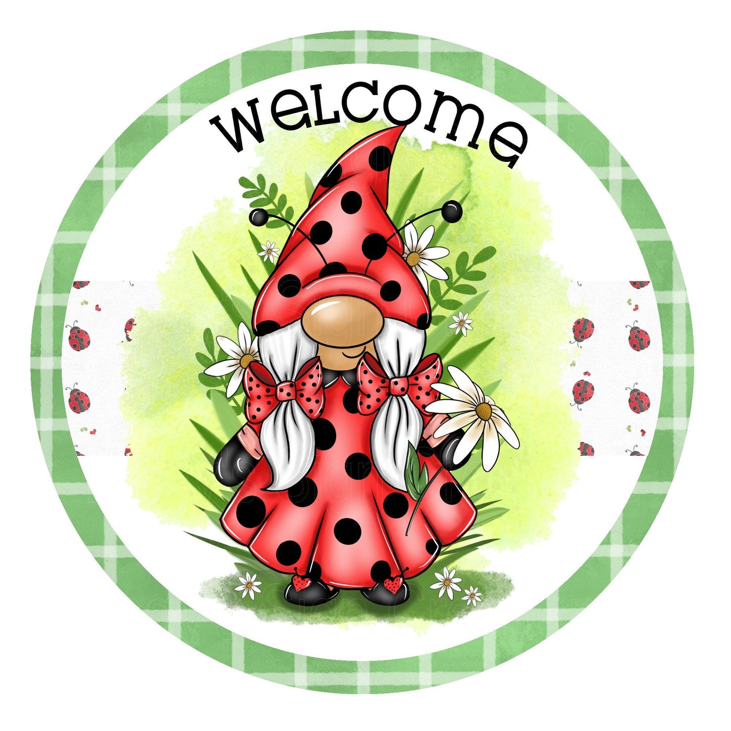 Welcome gnome ladybug wreath sign, metal wreath sign, sign for wreath, home decor, Lindys sign creations