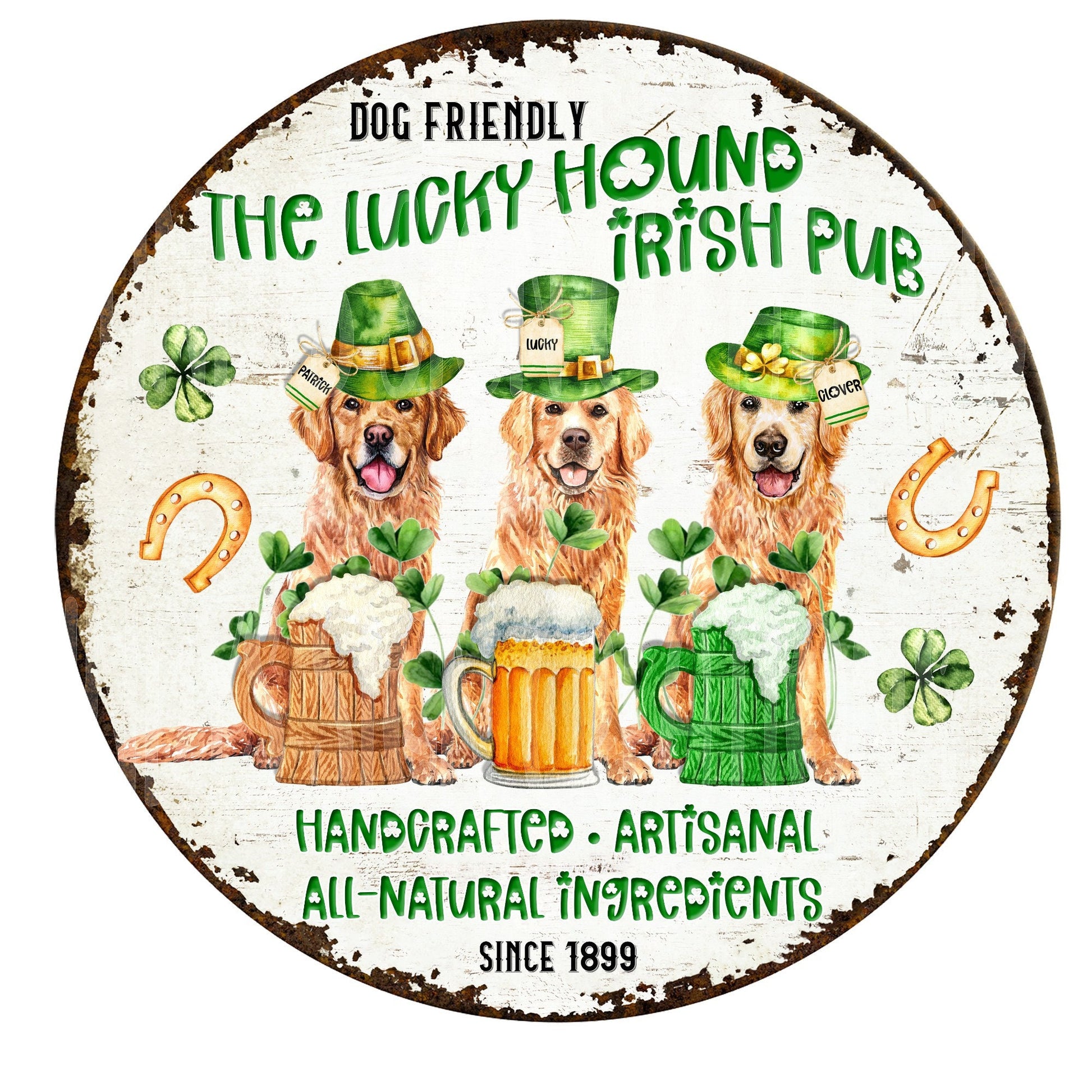 Lucky hound Irish pub wreath sign, St Patrick's Day sign, metal wreath sign, round wreath sign, Lindys sign creations, sign for wreath