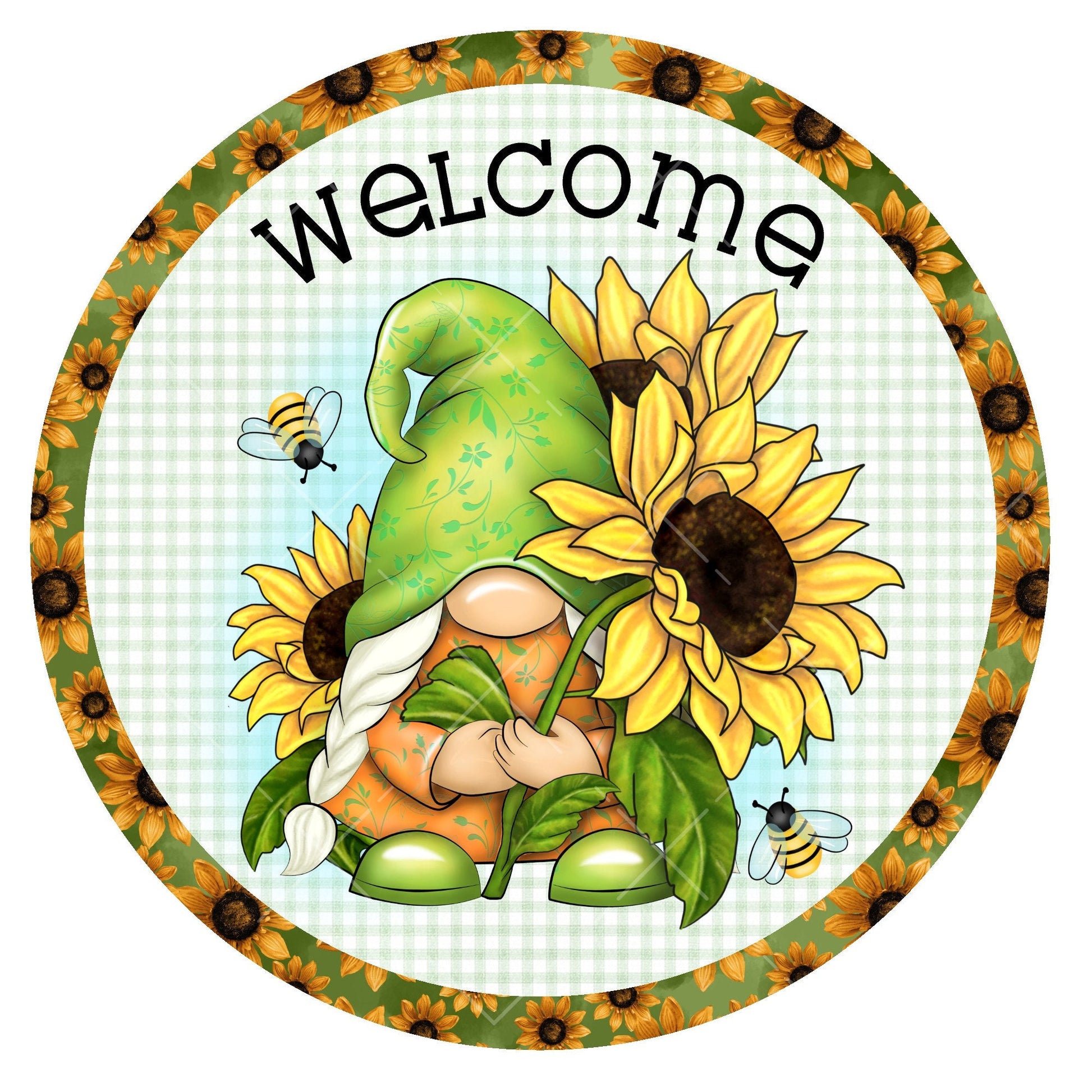 Gnome with sunflower wreath sign, metal wreath sign, sign for wreath, door decor, home decor sign, Lindys sign creations