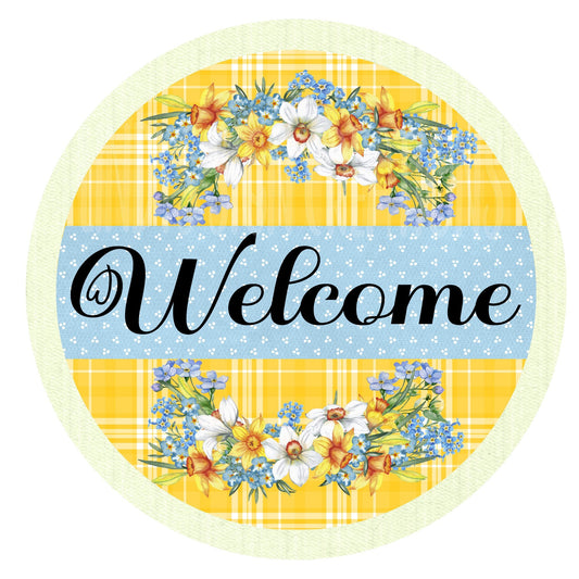 Welcome floral wreath sign, metal wreath sign, sign for wreath, daffodil metal sign, door decor, Lindys sign creations