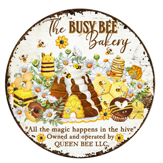 Busy bee bakery wreath sign, metal wreath sign, sign for wreath, round wreath sign, door decor, Lindys sign creations