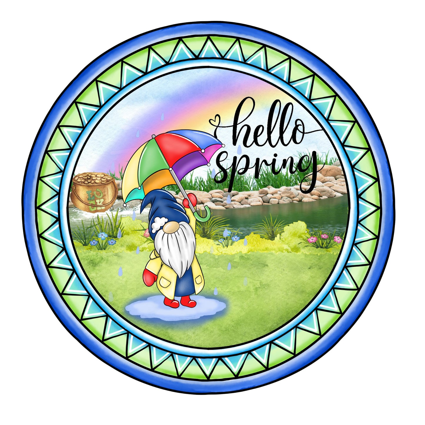 Hello spring gnome wreath sign, metal wreath sign, sign for wreath, round wreath sign, door hanging, Lindys sign creations