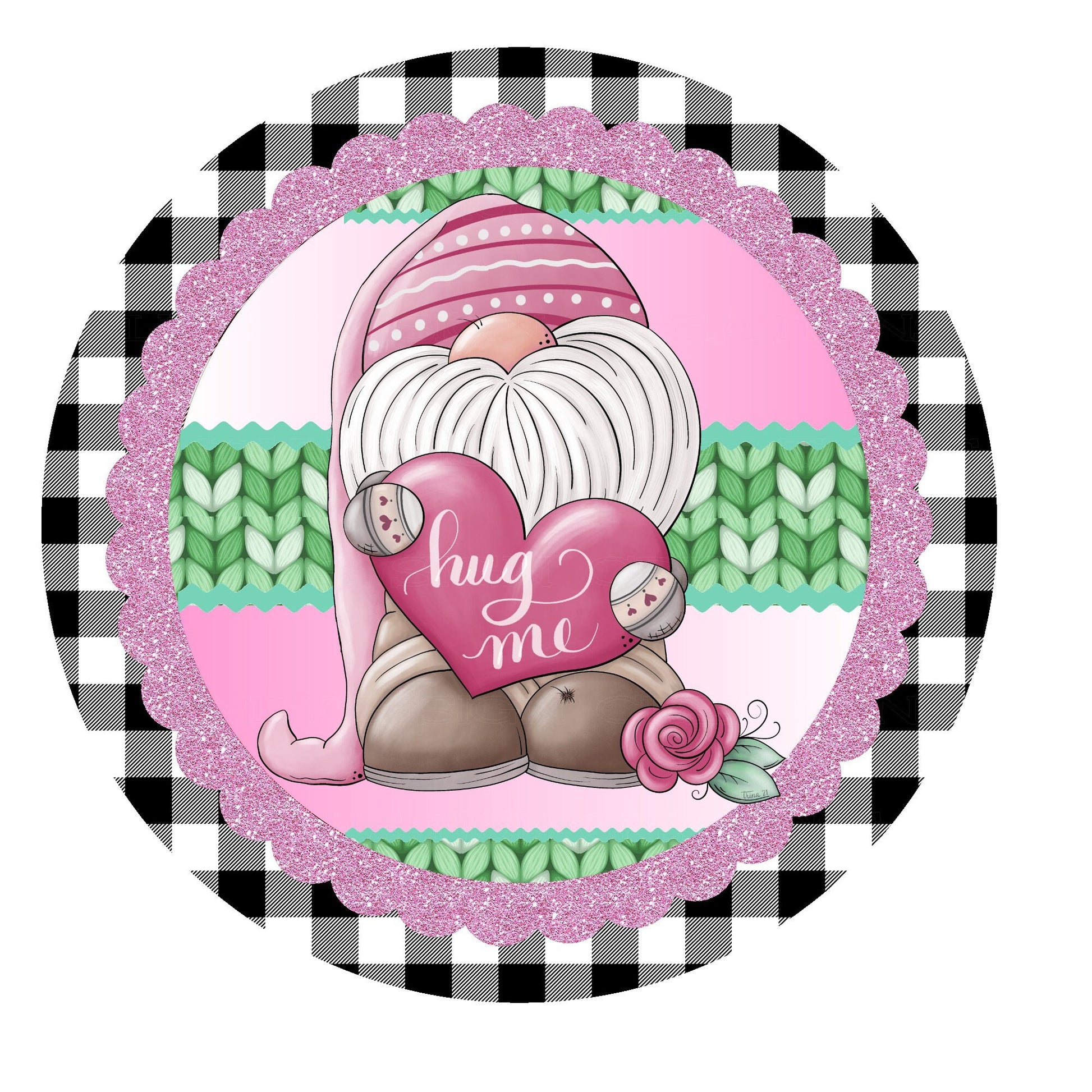 Gnome hug me wreath sign, metal valentine day wreath sign, round wreath sign, door decor, Lindys sign creations