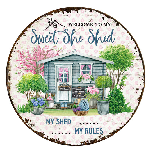 Sweet she shed wreath sign, metal wreath sign, sign for wreath, round wreath sign, door hanging, Lindys sign creations