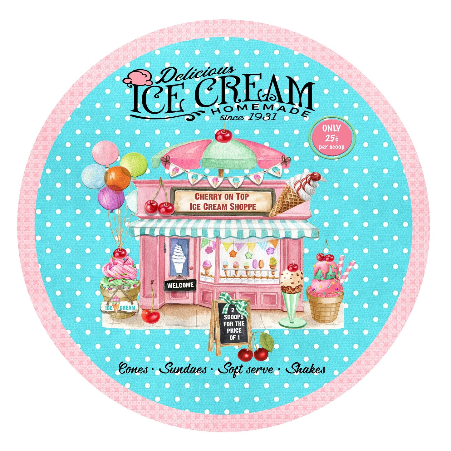 Ice cream shop wreath sign, metal wreath sign, sign for wreath, summer wreath sign, round wreath sign, lindys sign creations