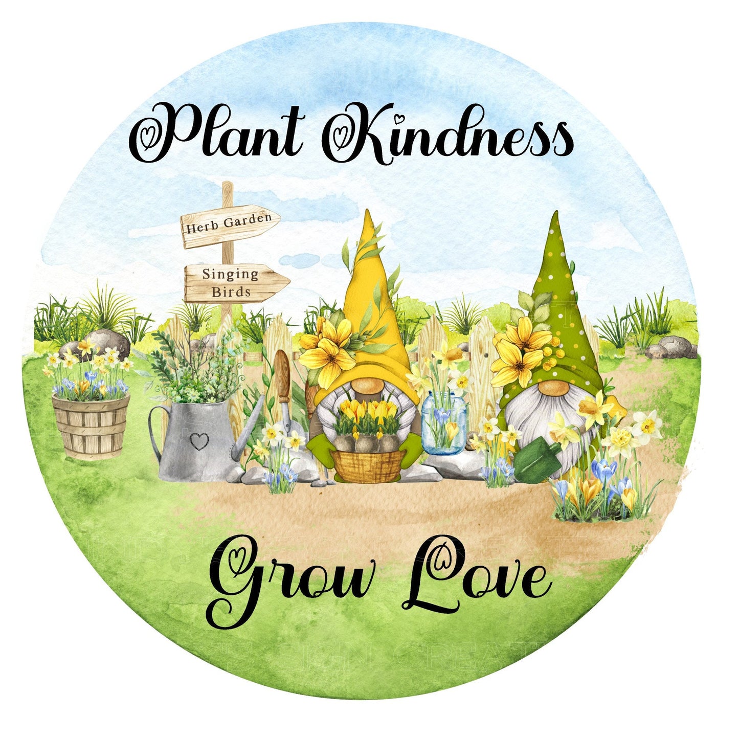 Plant kindness grow love gnome wreath sign, metal wreath sign, sign for wreath, round wreath sign, door decor, lindys sign creations