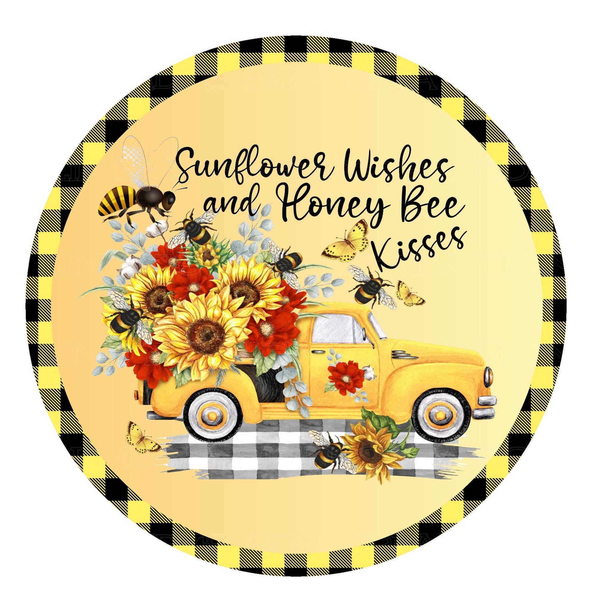 Sunflower wishes and honey bee kisses wreath sign, metal wreath sign, sign for wreaths, door hanging, lindys sign creations