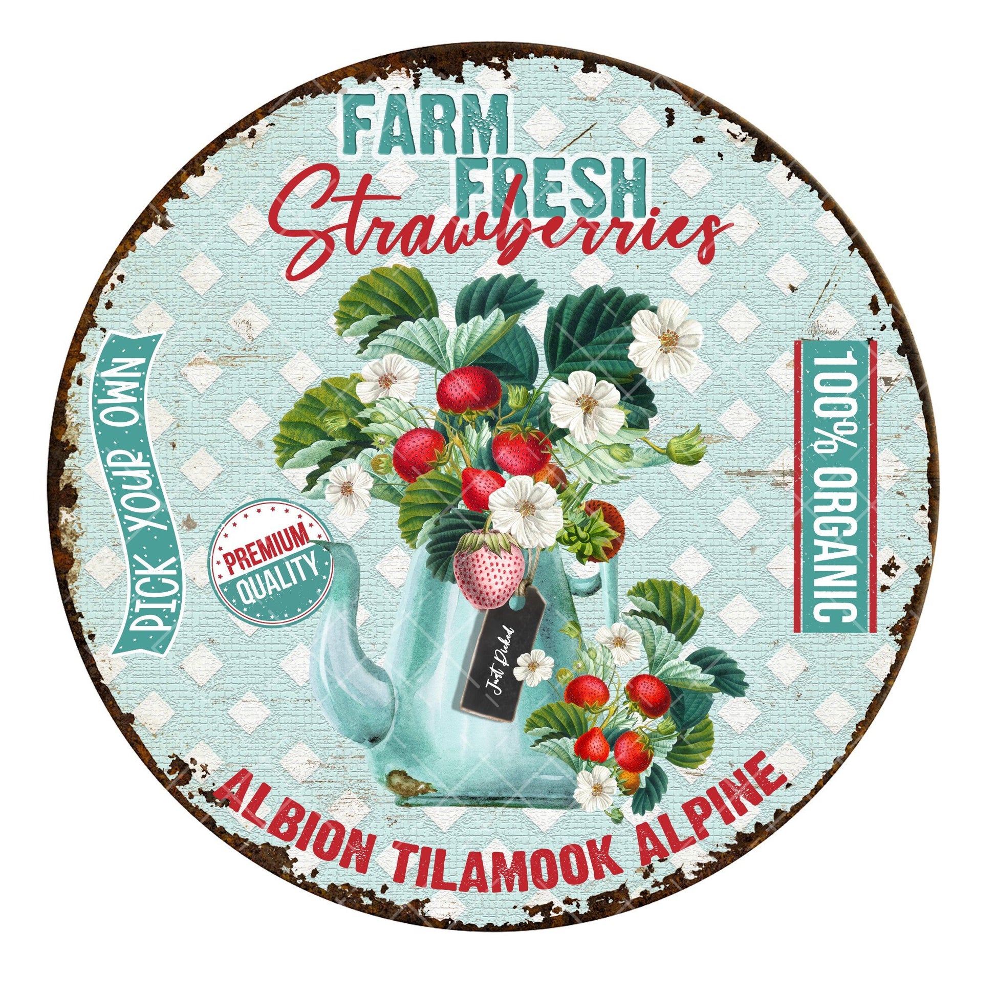 Farm fresh strawberries wreath sign, metal wreath sign, sign for wreath, round wreath sign, door hanging, Lindys sign creations