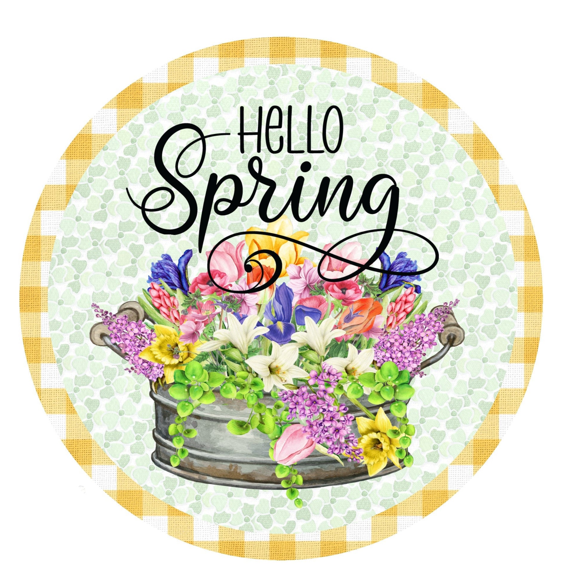 Hello spring floral wreath sign, metal wreath sign, sign for wreaths, round wreath sign, door decor, lindys sign creations