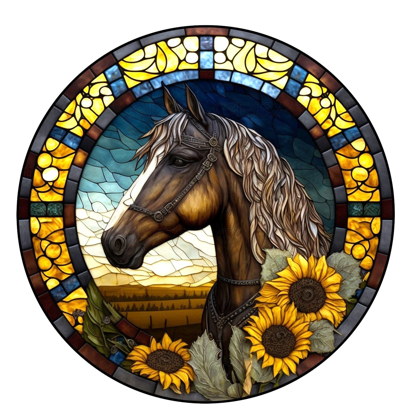 Faux stained glass horse and sunflowers wreath sign, metal wreath sign, signs for wreaths, door decor, lindys sign creations