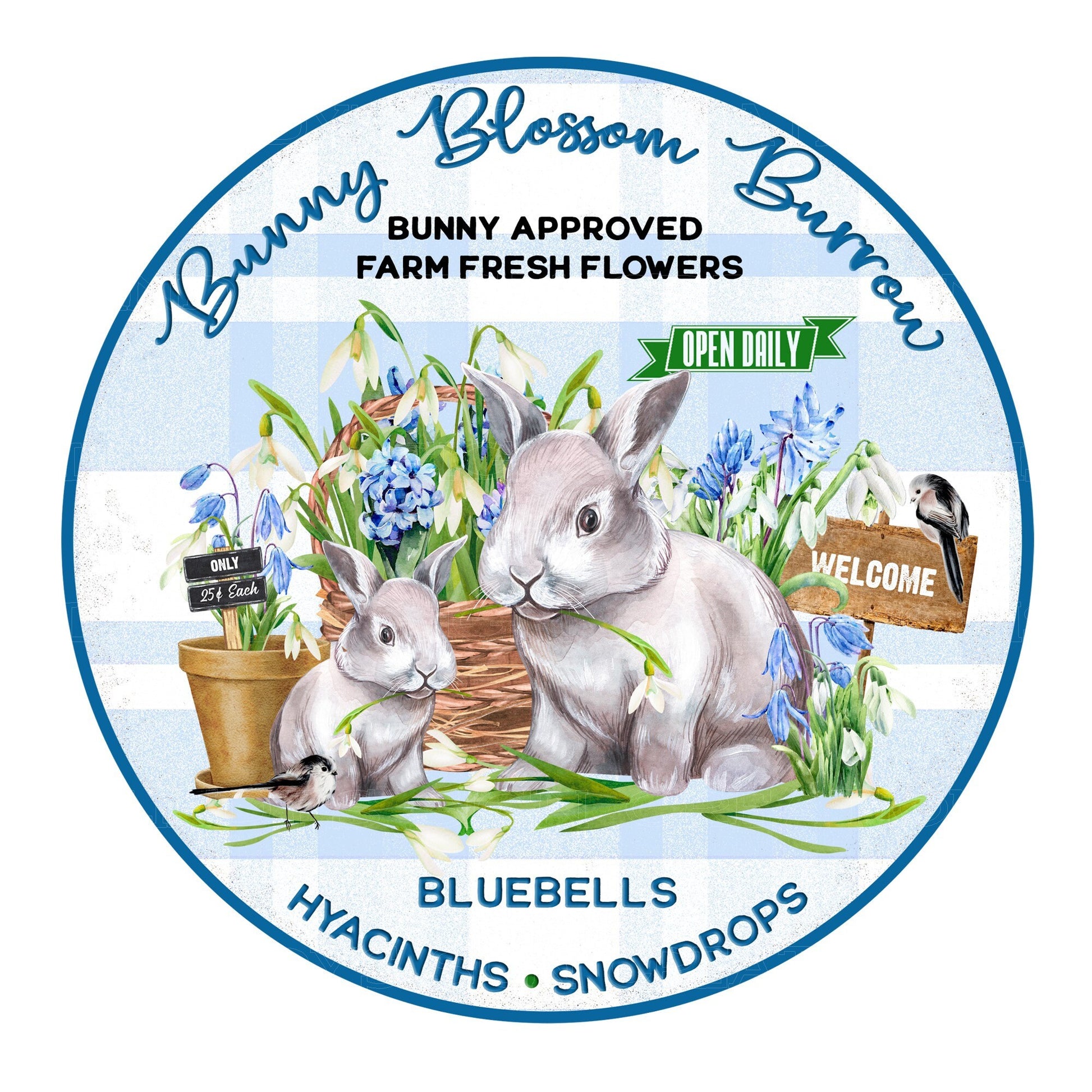 Bunny blossom burrow wreath sign, metal wreath sign, sign for wreath, round wreath sign, door decor, lindys sign creations