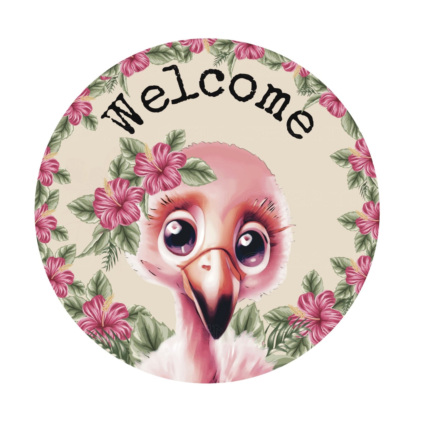 Cute flamingo welcome wreath sign, metal wreath sign, sign for wreath, round wreath sign, door decor, lindys sign creations