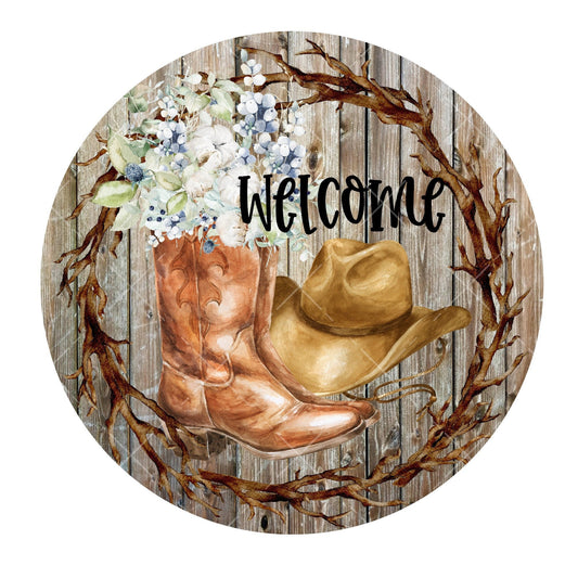 Western welcome wreath sign, metal wreath sign, signs for wreaths, round wreath sign