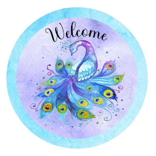 Welcome peacock wreath sign, metal wreath sign, signs for wreaths, round wreath sign