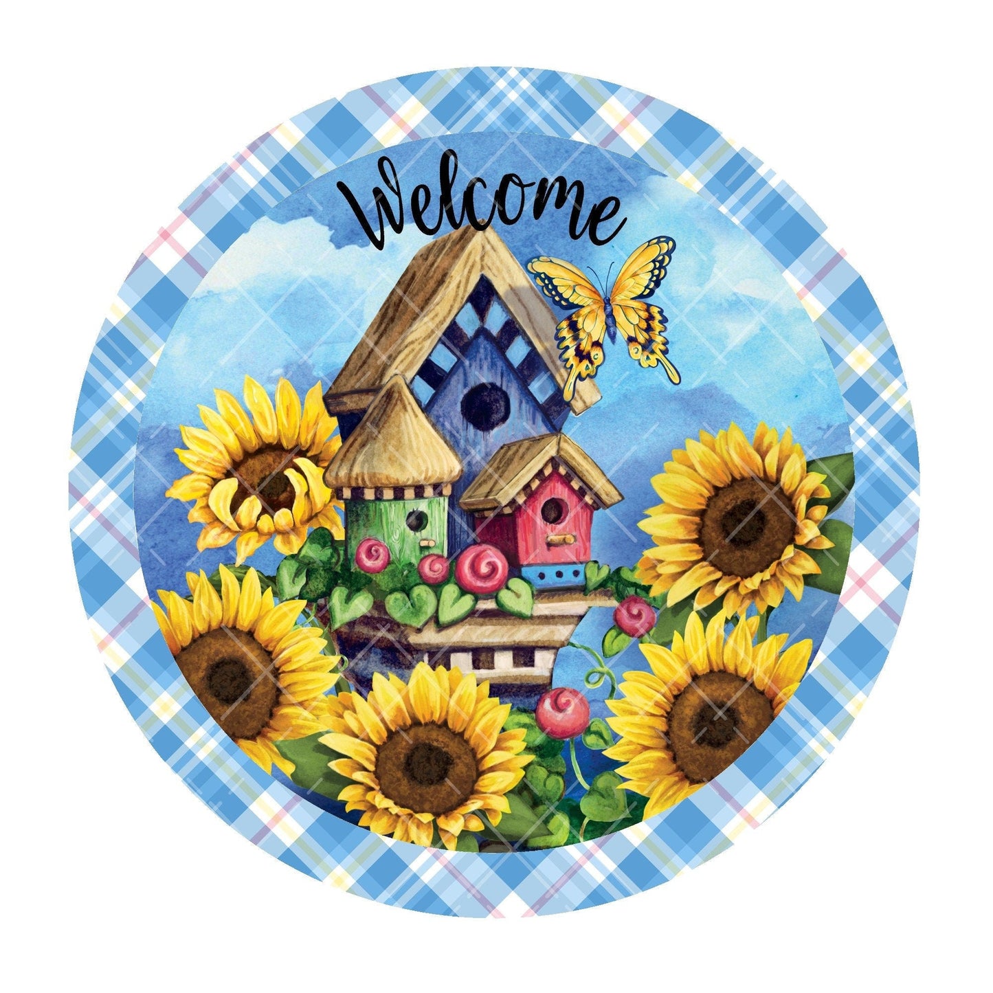 Blue sunflower birdhouse welcome wreath sign, metal wreath sign, sign for wreaths, round wreath sign