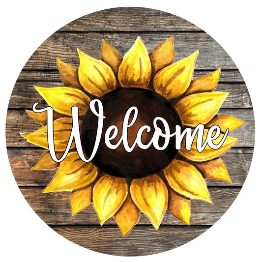 Round welcome sunflower wreath sign, wreath attachment, metal sign, door hanging, welcome wreath sign