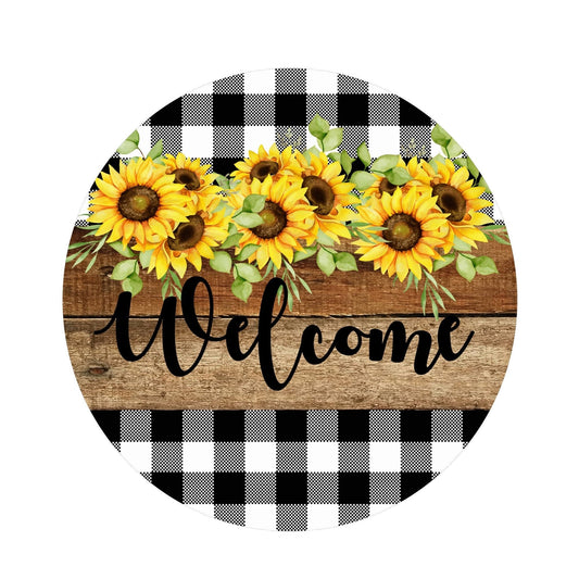 Round buffalo plaid sunflower welcome sign, wreath sign, wreath attachment, metal sign