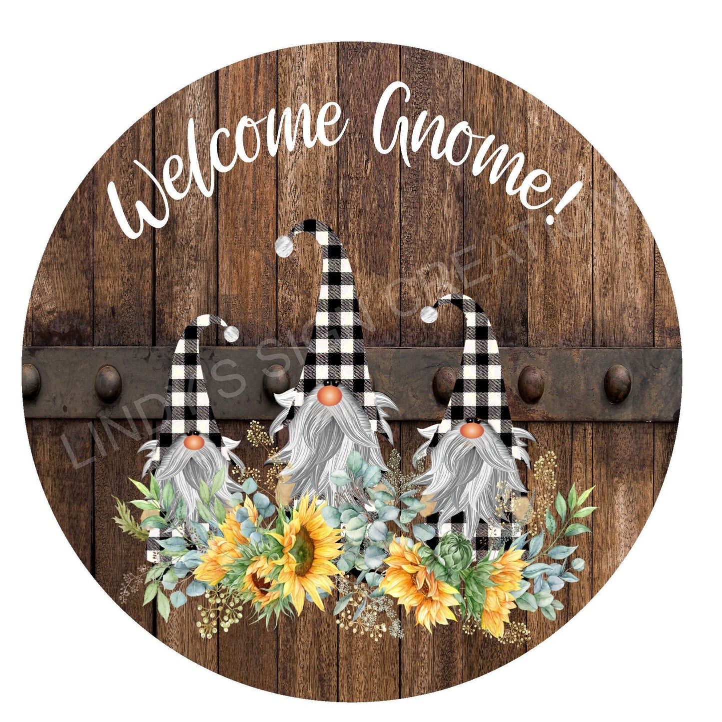 Welcome gnome wreath sign, wreath attachment, metal sign, round wreath sign