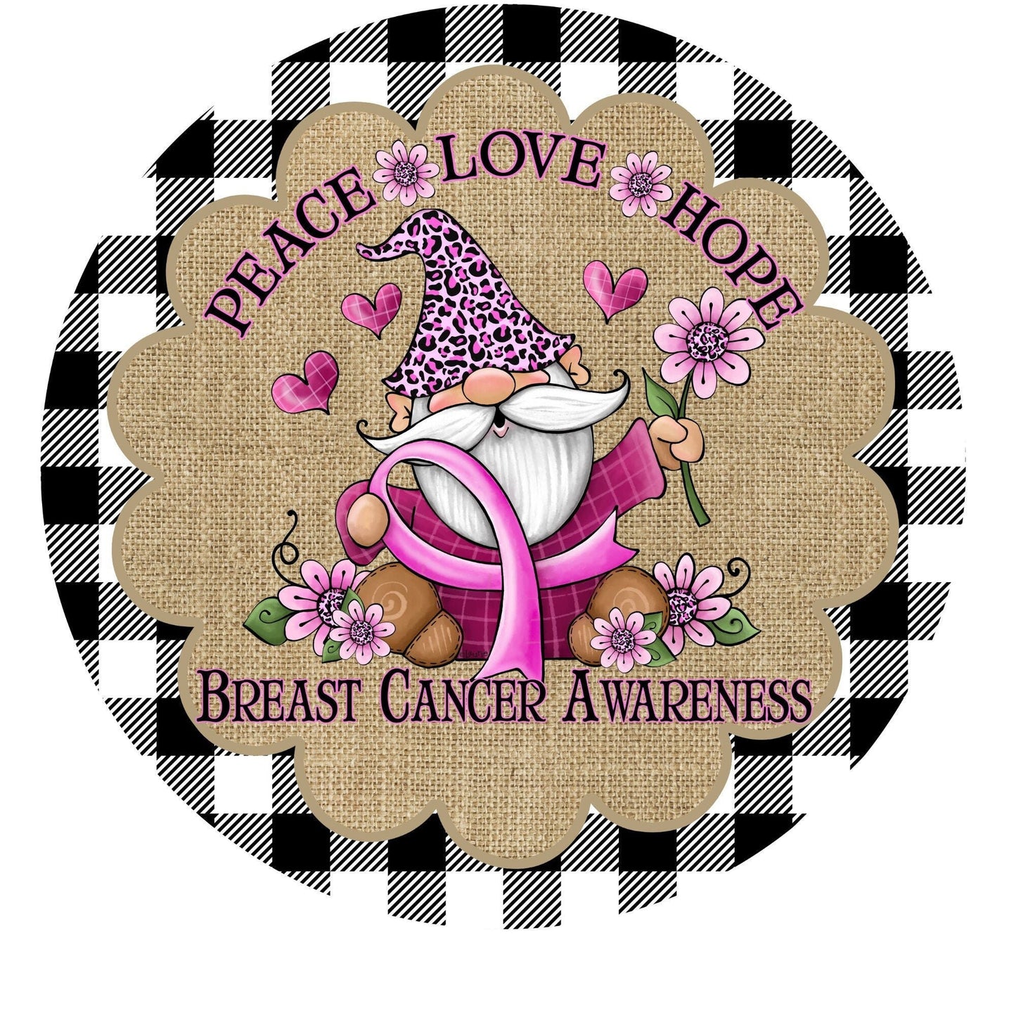 Gnome peace hope love breast cancer awareness wreath sign, wreath attachment, metal sign, round wreath sign