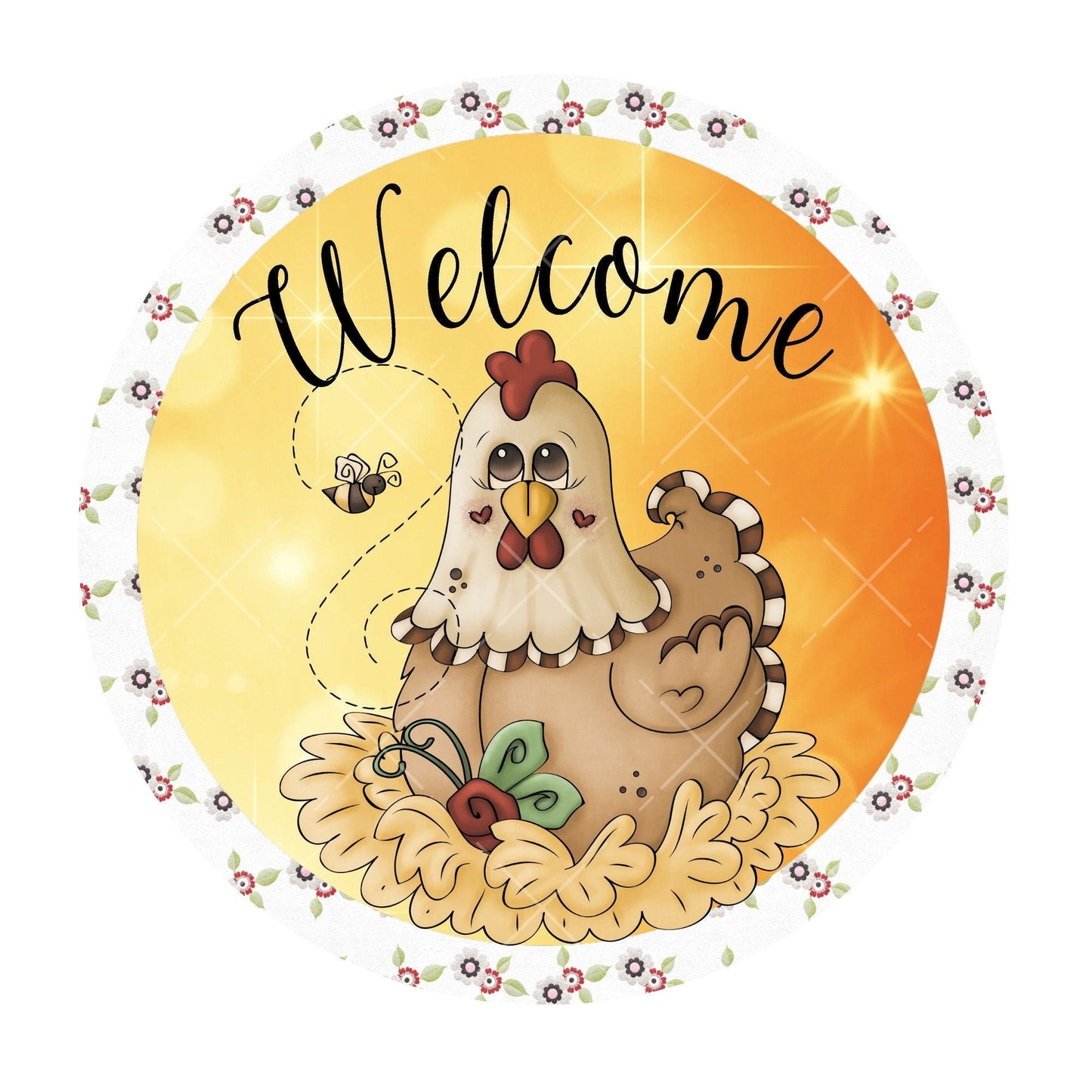 Welcome hen wreath sign, metal wreath sign, signs for wreaths, round wreath sign