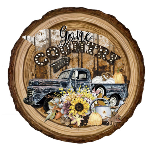 Gone country blue truck with flowers sign, wreath sign, wreath attachment, metal sign, round wreath sign, rustic sign