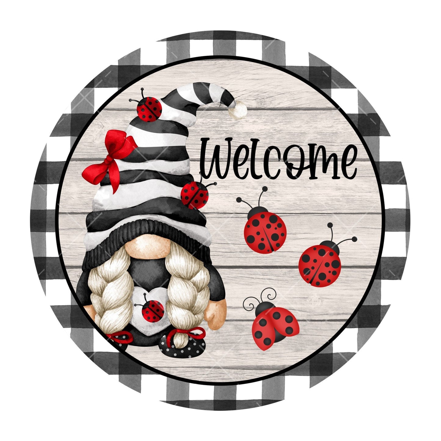 Gnome ladybug welcome wreath sign, metal wreath sign, signs for wreaths, round wreath sign