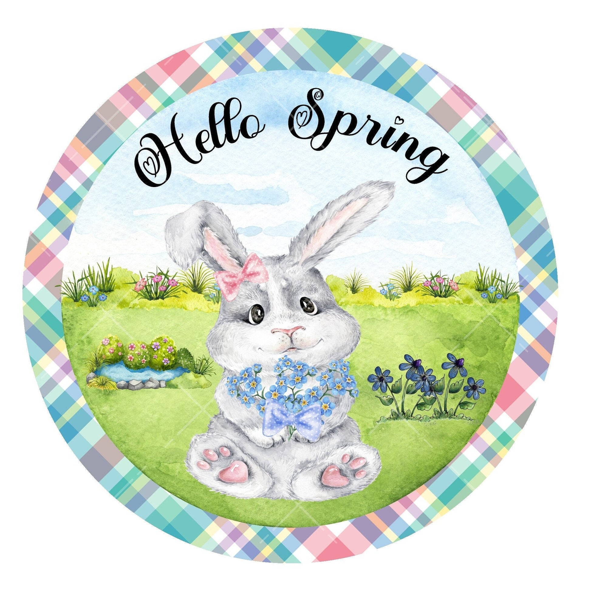 Hello spring wreath sign, metal wreath sign, signs for wreaths, cute bunny wreath sign