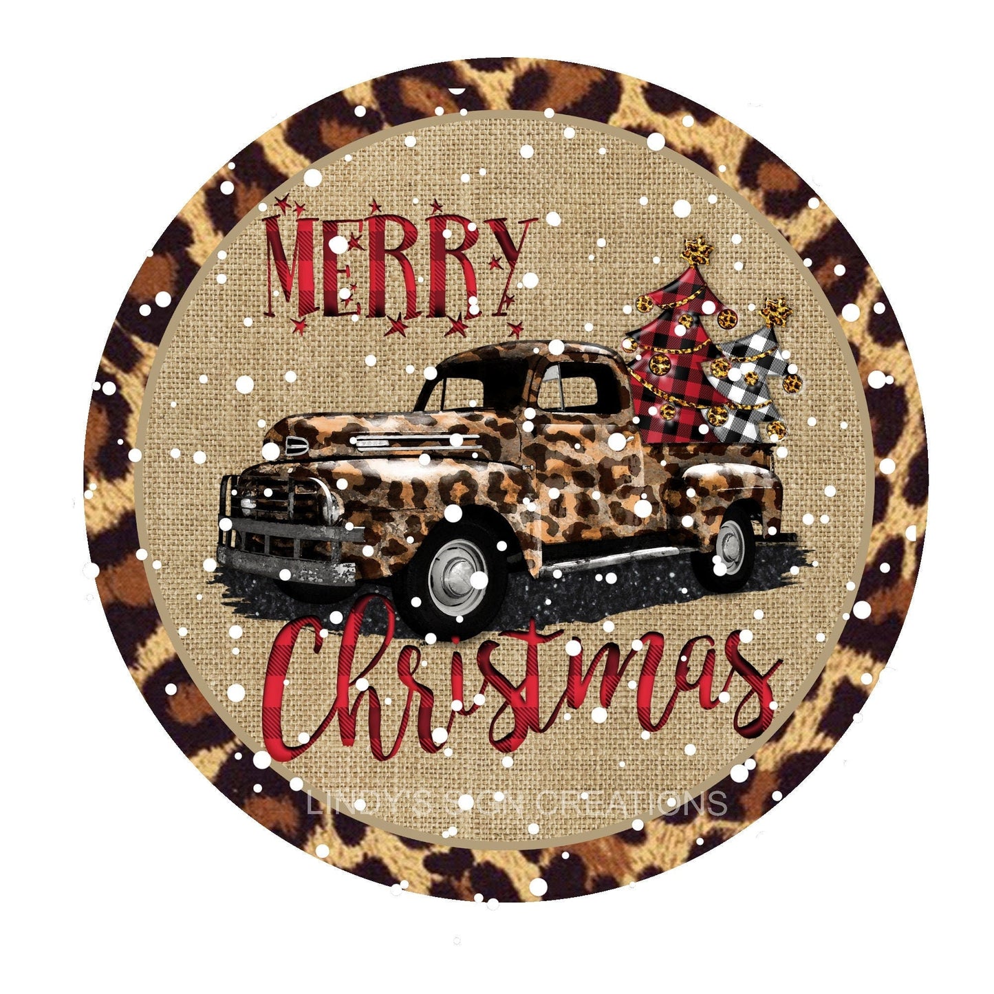 Leopard truck Christmas wreath sign, metal wreath sign, wreath center, round wreath sign, door hanging