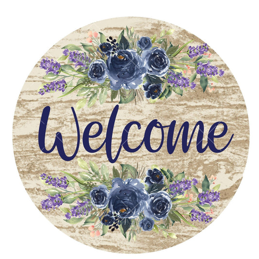 Welcome wreath sign, navy blue roses wreath sign, metal wreath sign, signs for wreaths