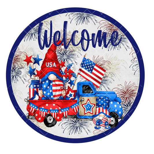 Welcome patriotic truck wreath sign, patriotic gnome wreath sign, metal wreath sign, welcome wreath sign