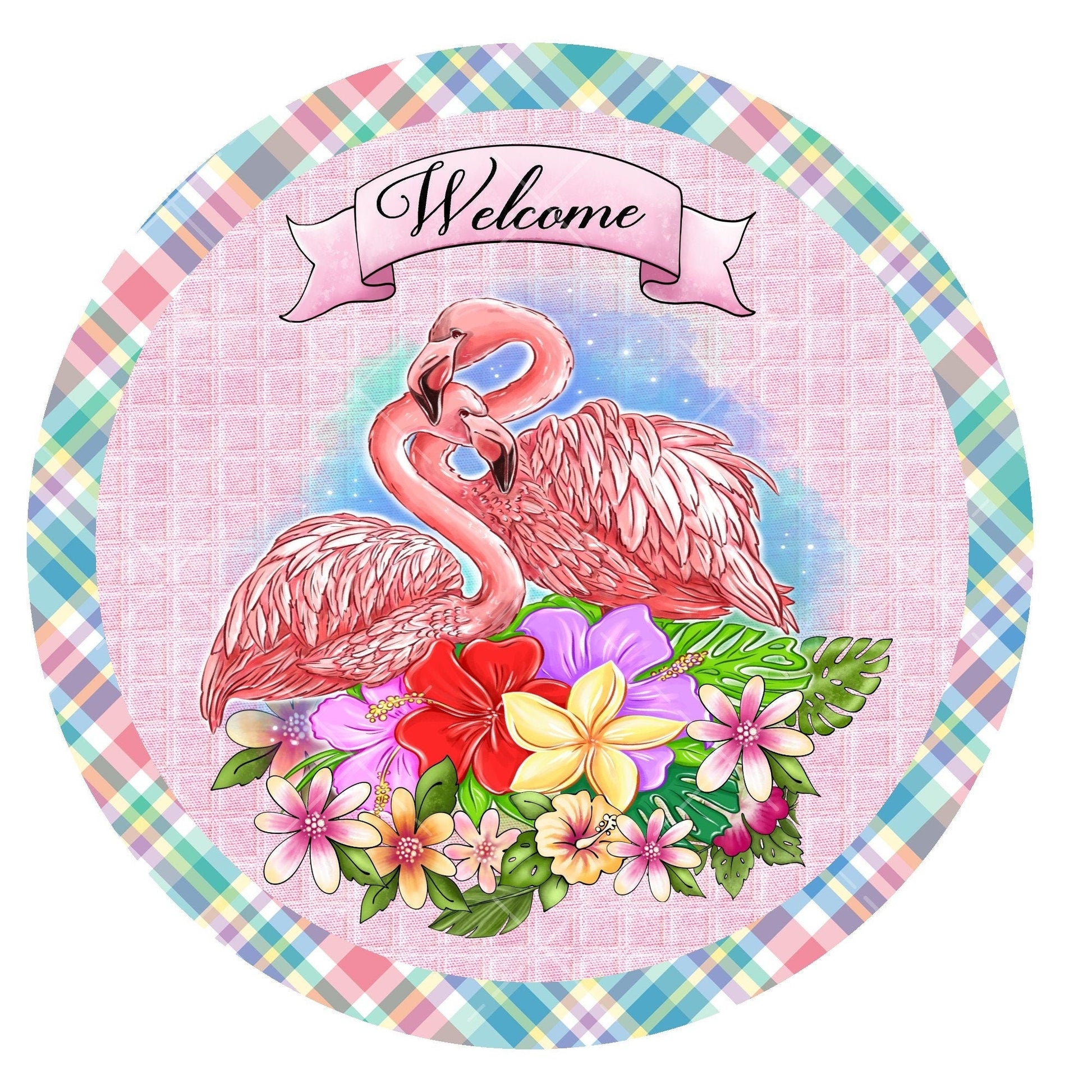 Welcome flamingo wreath sign, metal wreath sign, signs for wreaths, round wreath sign