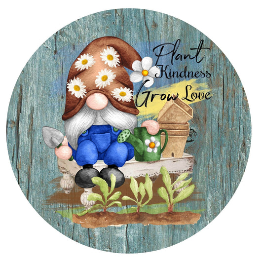 Round gnome wreath sign, wreath attachment, plant kindness wreath sign, door decor