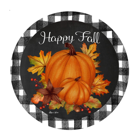 Happy fall wreath sign with pumpkins , round wreath sign, wreath attachment, metal sign