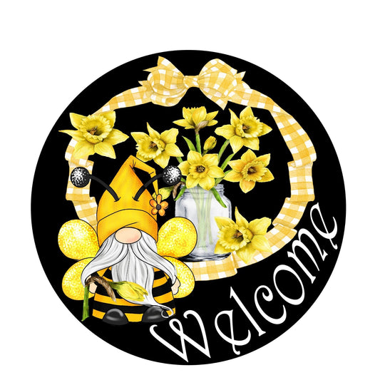 Round welcome bee with daffodils for wreaths, wreath attachment, metal sign, wreath sign, gnome bumblebee