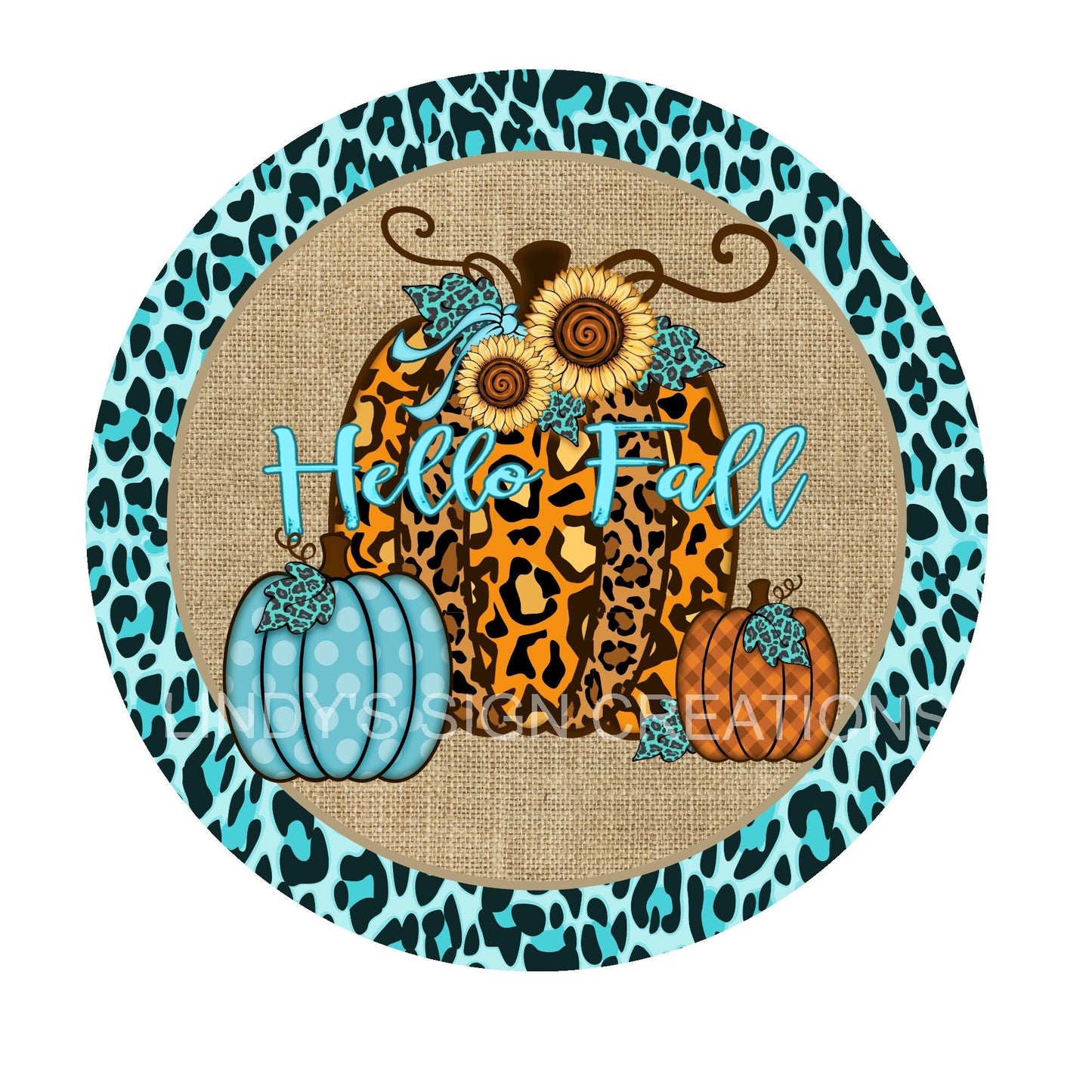 Hello fall wreath sign, wreath center, metal wreath sign, turquoise leopard fall wreath sign