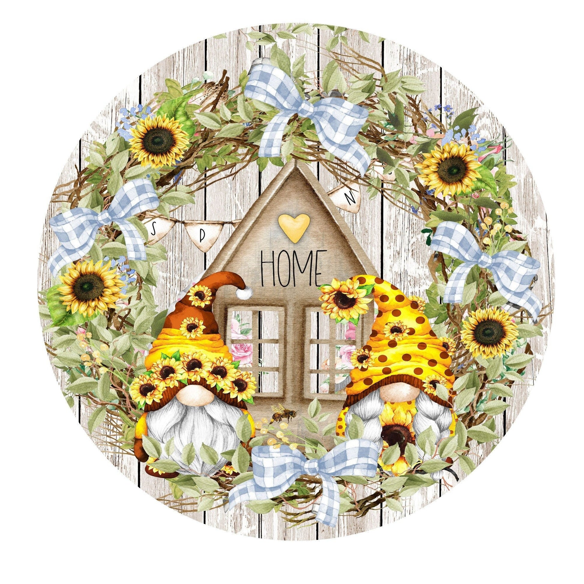 Sunflower wreath sign, gnome wreath sign, wreath attachment, round wreath sign, door hanging