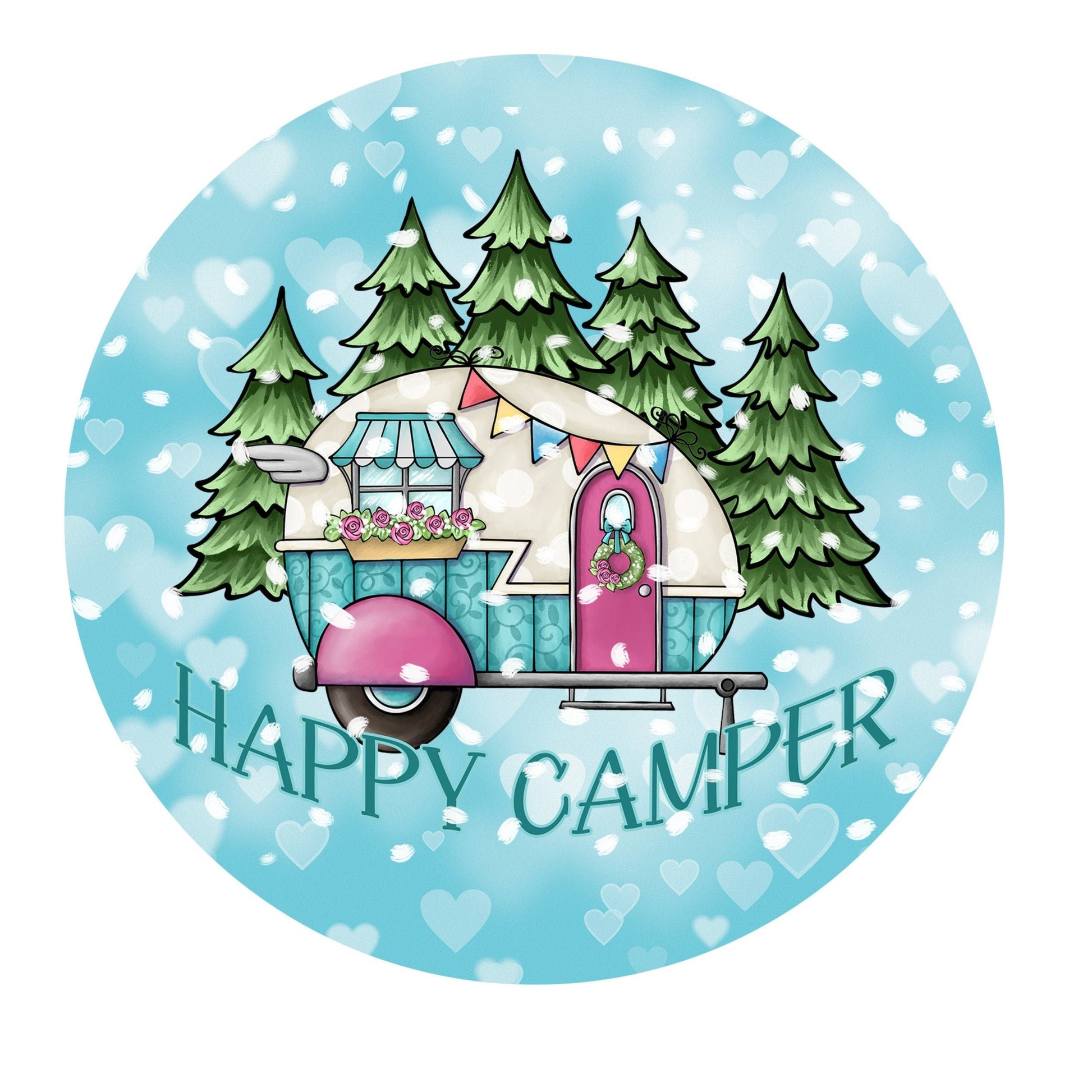 Happy camper wreath sign, winter wreath sign, metal sign, round wreath sign