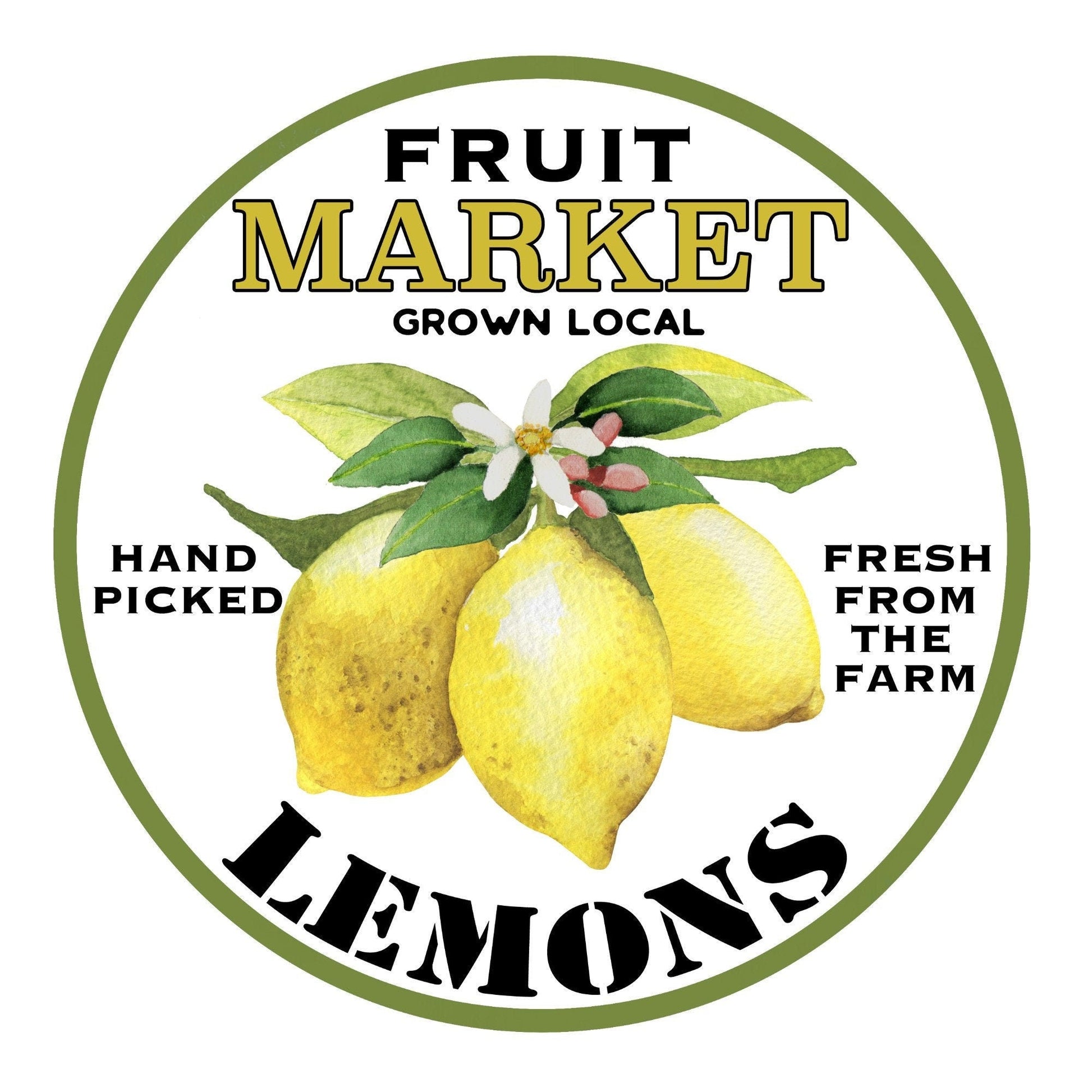 Round fruit market lemon sign, wreath attachment, metal sign, door hanging, lemon wreath sign