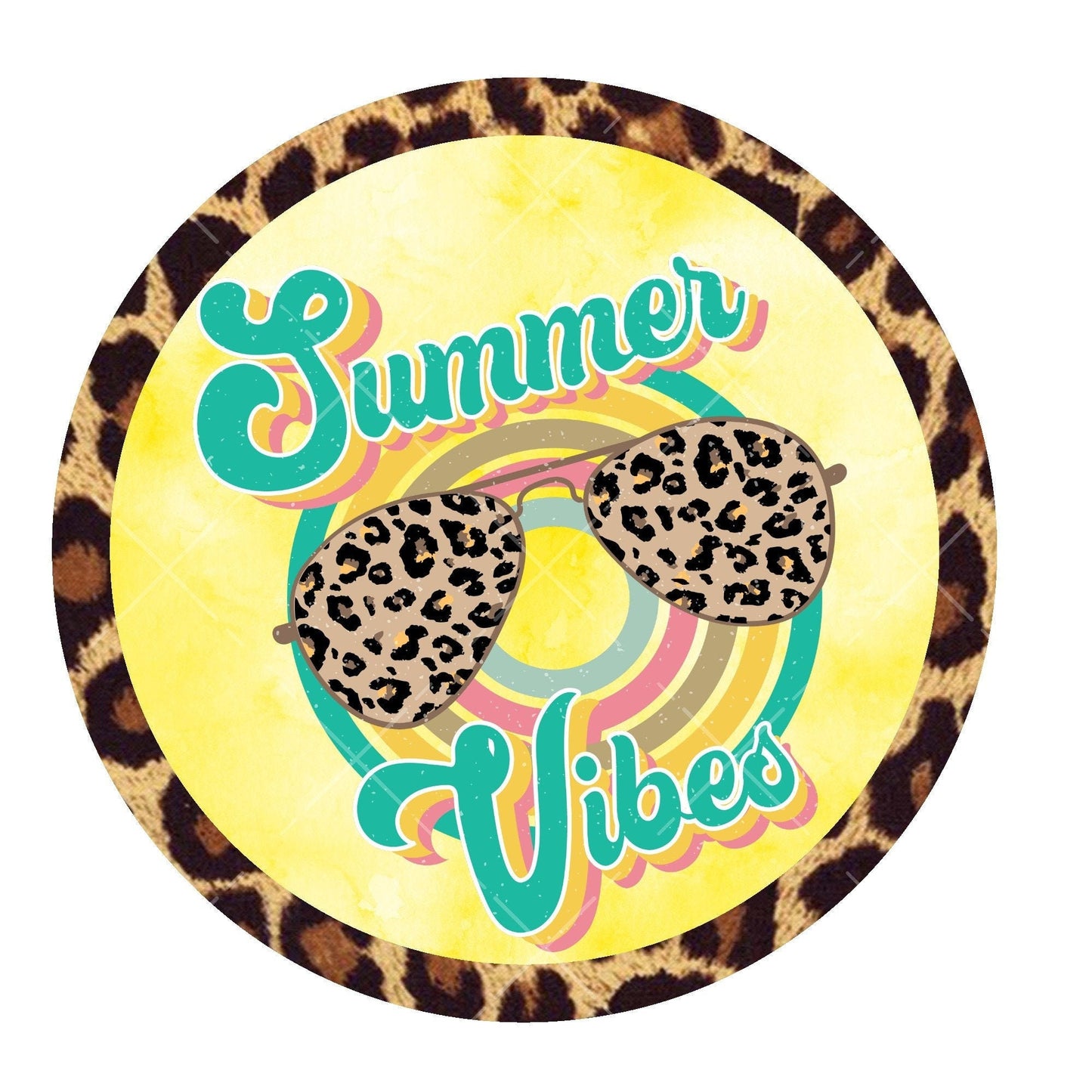 Summer vibes leopard print wreath sign, metal wreath sign, signs for wreaths, round wreath sign