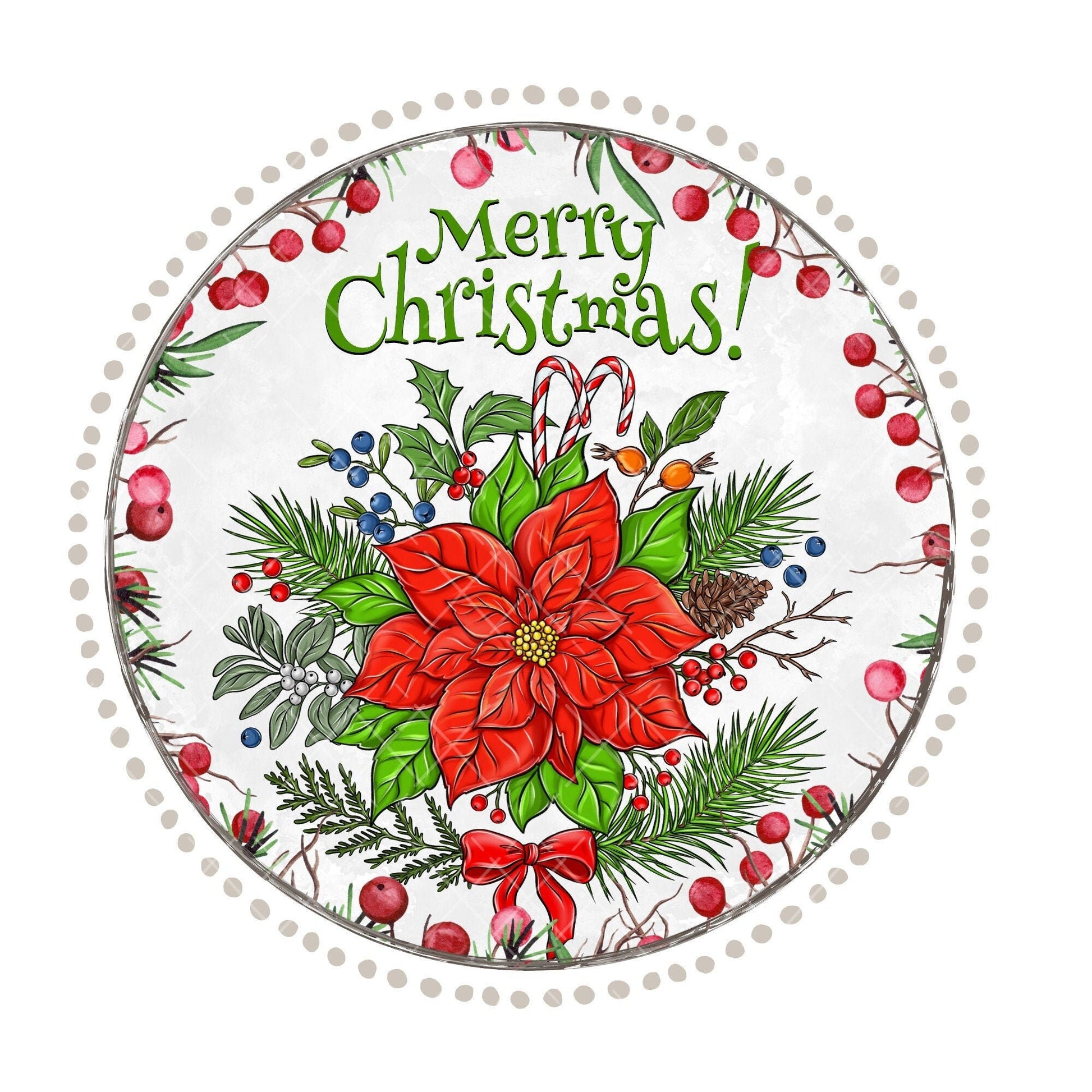 Merry Christmas poinsettia wreath sign, metal wreath sign, holiday wreath sign, round wreath sign